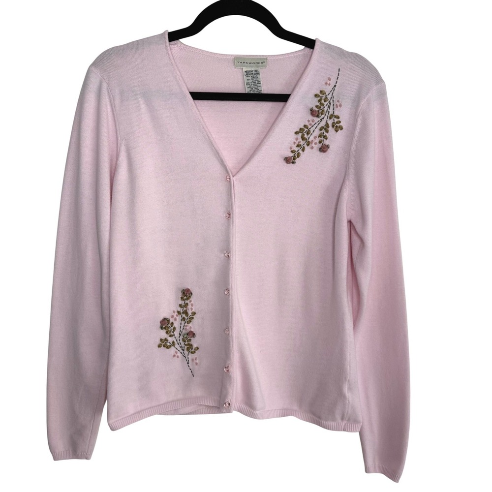 Vintage Yarnworks Pink‎ Embroidered Cardigan Medium Tall Floral Coquette Cottage